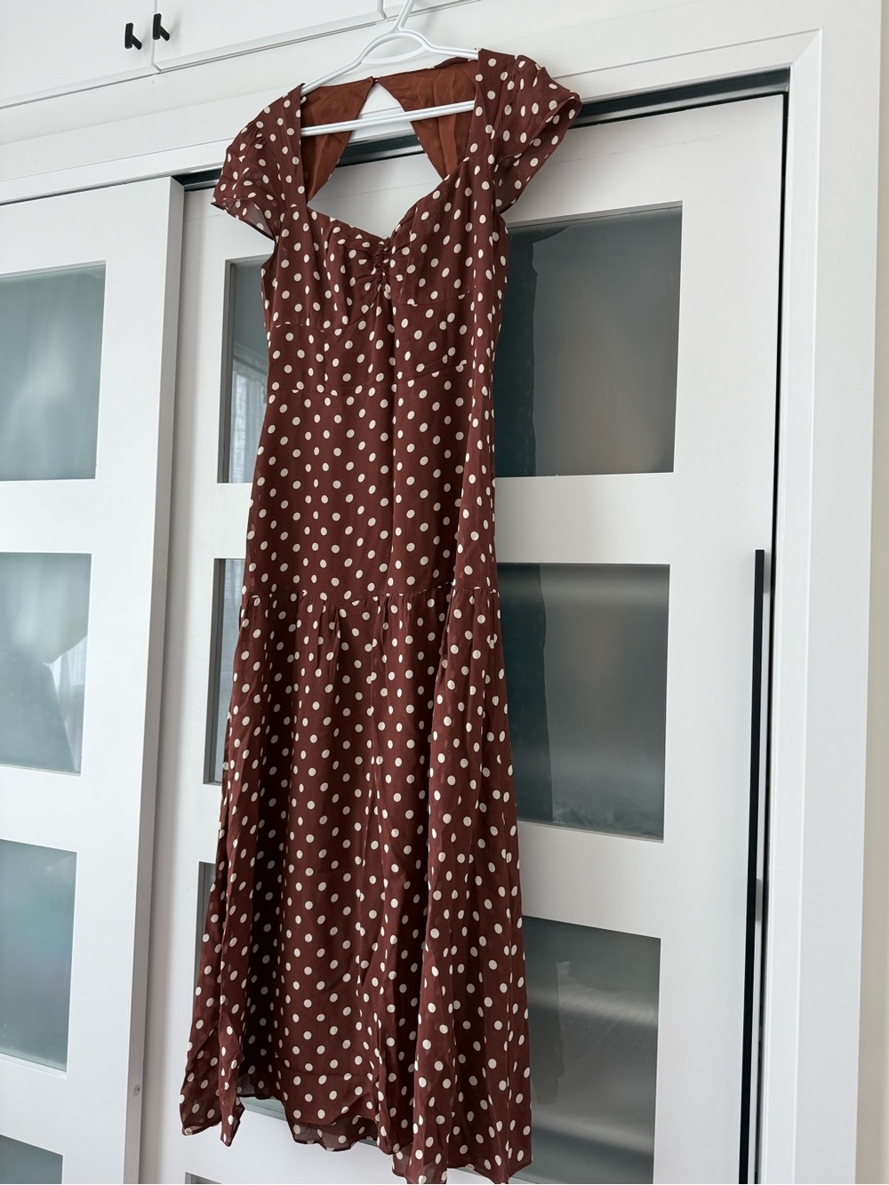 Reformation Myah Brown Polka Dot Midi Dress with Knot Front - Picture 2 of 3